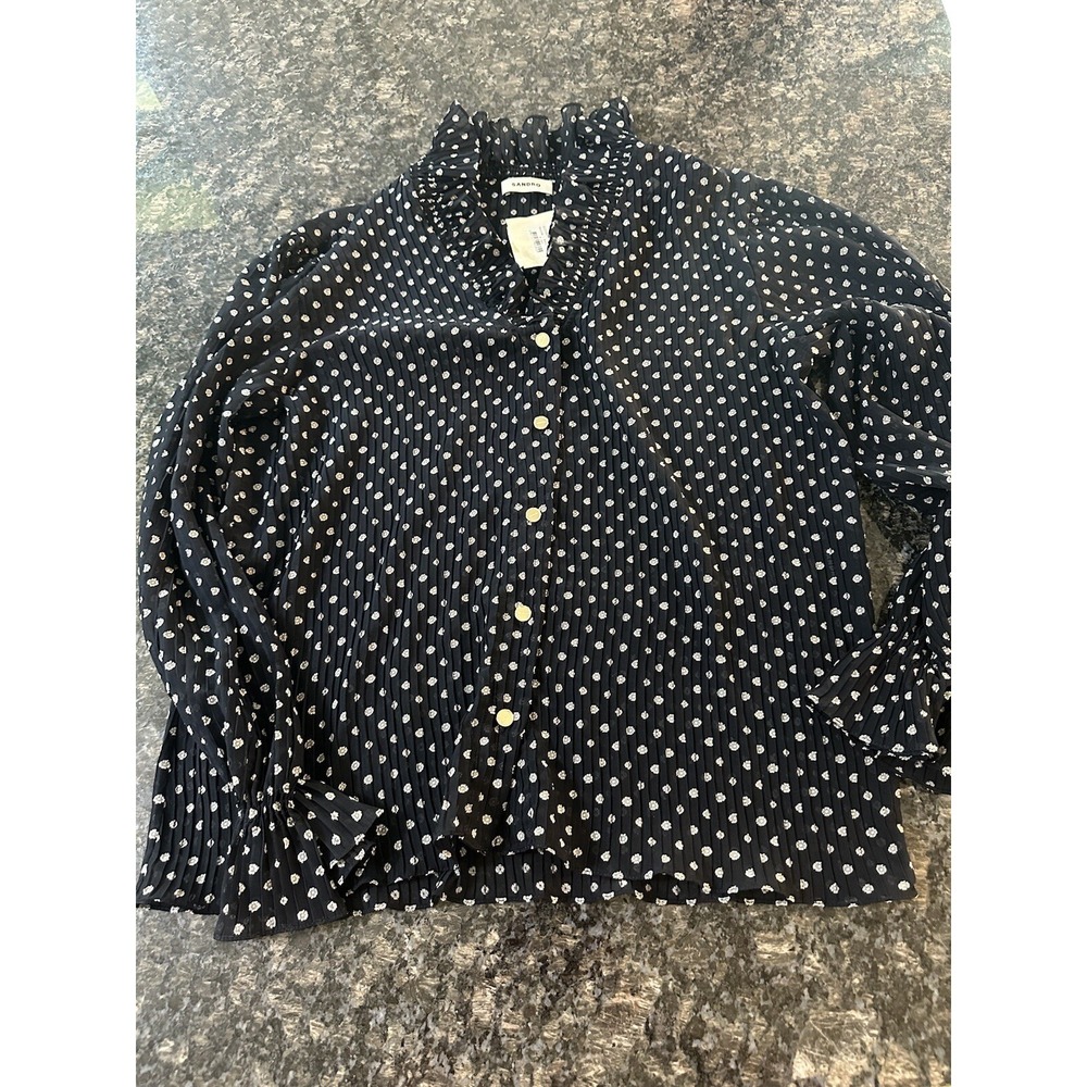 SANDRO Blouse Womens Small Sz 2 Sheer Button Up Ruffle Patterned Polka Dots $340 - Picture 6 of 10